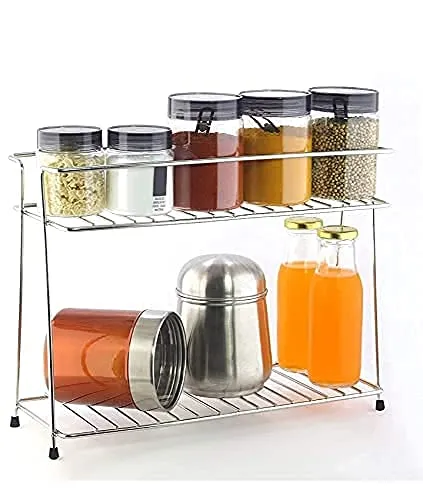 12FOR COLLECTION Stainless Steel Spice 2-Tier Trolley Container Kitchen Organizer for Boxes Utensils Dishes Plates for Home (multipurpose Kitchen storage Shelf shelves holder Stand, Tiered Shelf