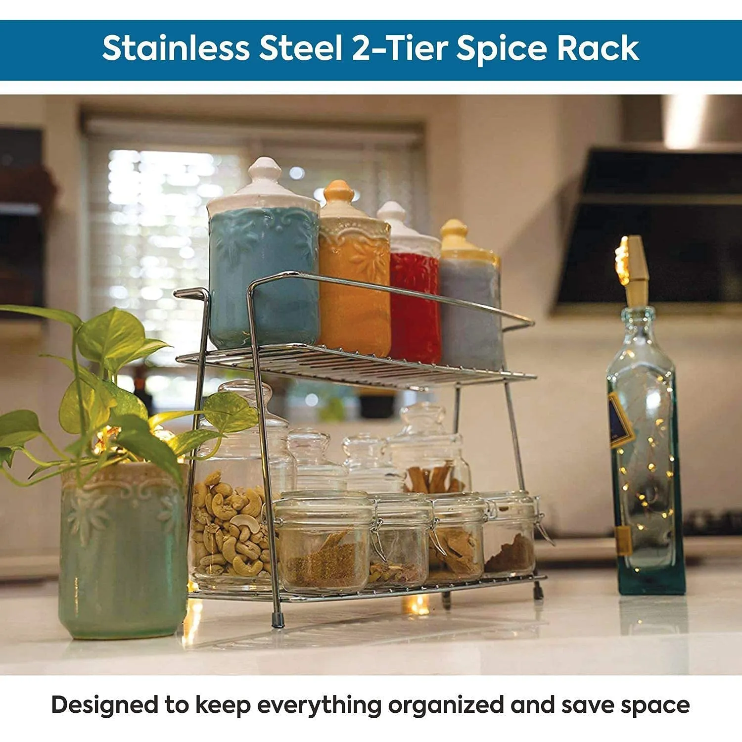 12FOR COLLECTION Stainless Steel Spice 2-Tier Trolley Container Kitchen Organizer for Boxes Utensils Dishes Plates for Home (multipurpose Kitchen storage Shelf shelves holder Stand, Tiered Shelf