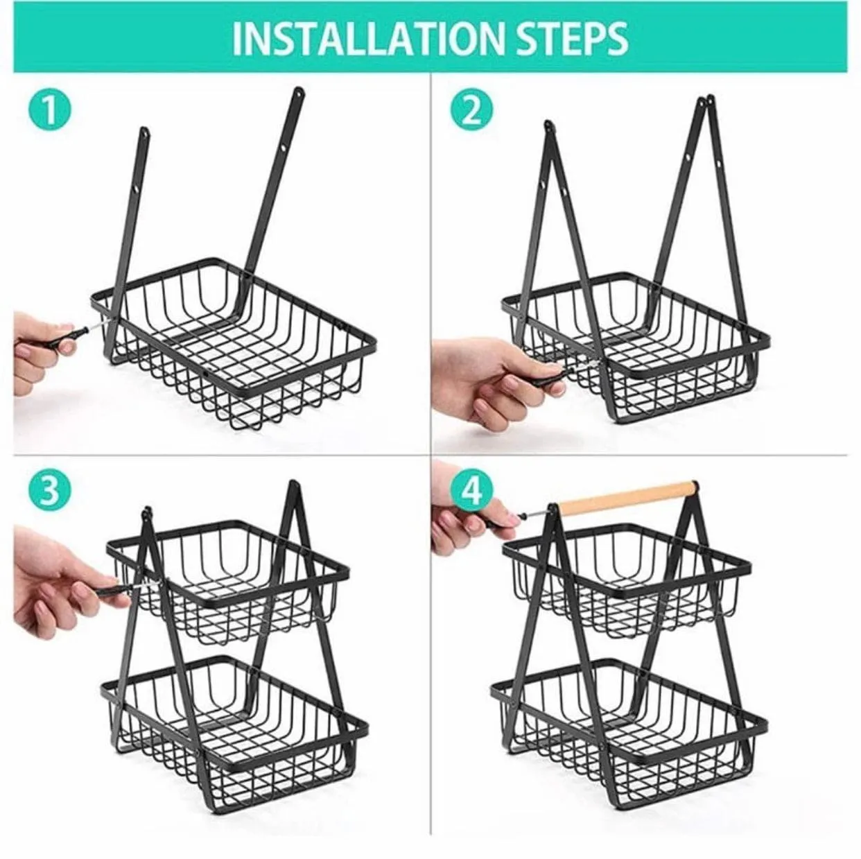 2 Tier Metal Fruit Basket, Portable Kitchen Storage Countertops Shelf Rack, Fruit Vegetable Household Toiletries