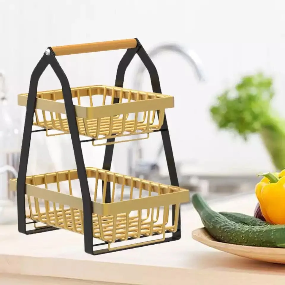 2 Tier Metal Fruit Basket, Portable Kitchen Storage Countertops Shelf Rack, Fruit Vegetable Household Toiletries