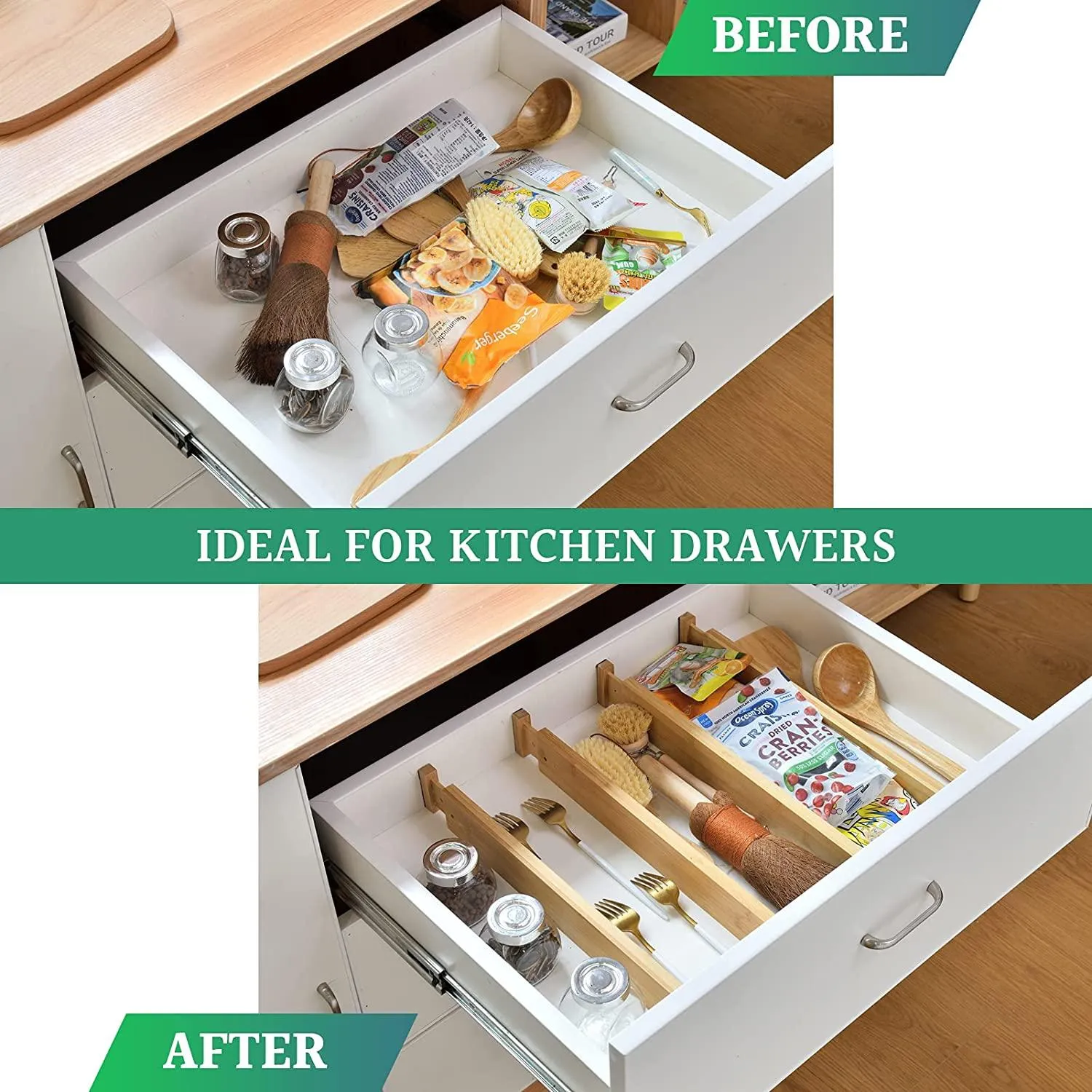 4 Pack Bamboo Adjustable Kitchen Drawer Dividers (Large, 44-55 cm)