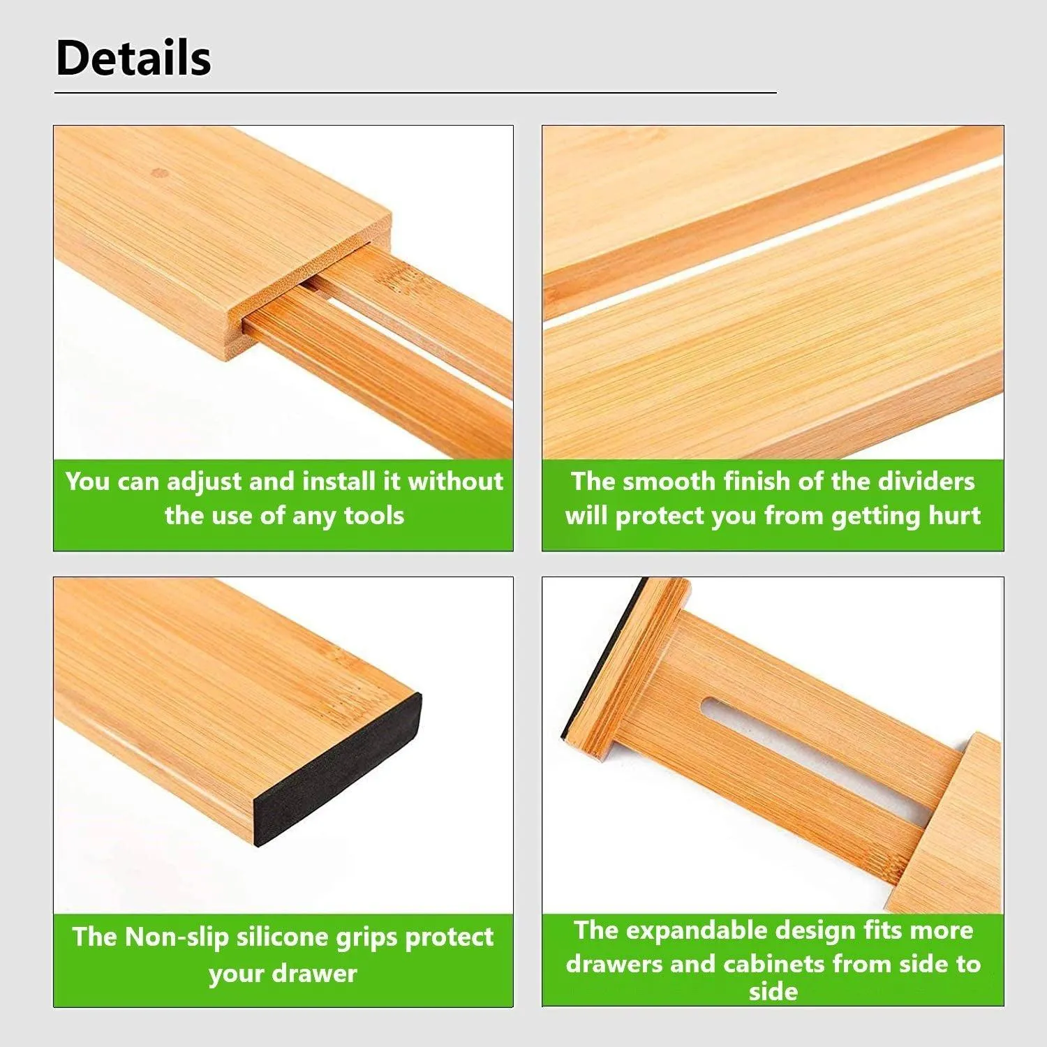 4 Pack Bamboo Adjustable Kitchen Drawer Dividers (Large, 44-55 cm)