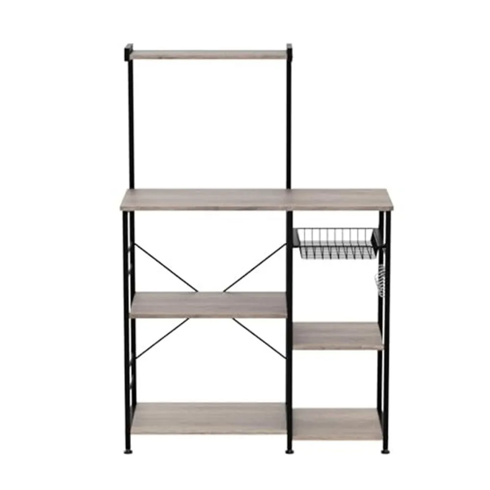 52 Inch Wood Bakers Rack, Kitchen Shelf, 6 Hooks, Workstation, Brown, Black By Casagear Home