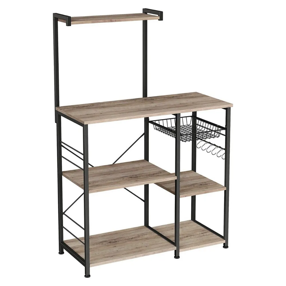 52 Inch Wood Bakers Rack, Kitchen Shelf, 6 Hooks, Workstation, Brown, Black By Casagear Home