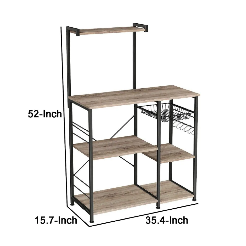 52 Inch Wood Bakers Rack, Kitchen Shelf, 6 Hooks, Workstation, Brown, Black By Casagear Home