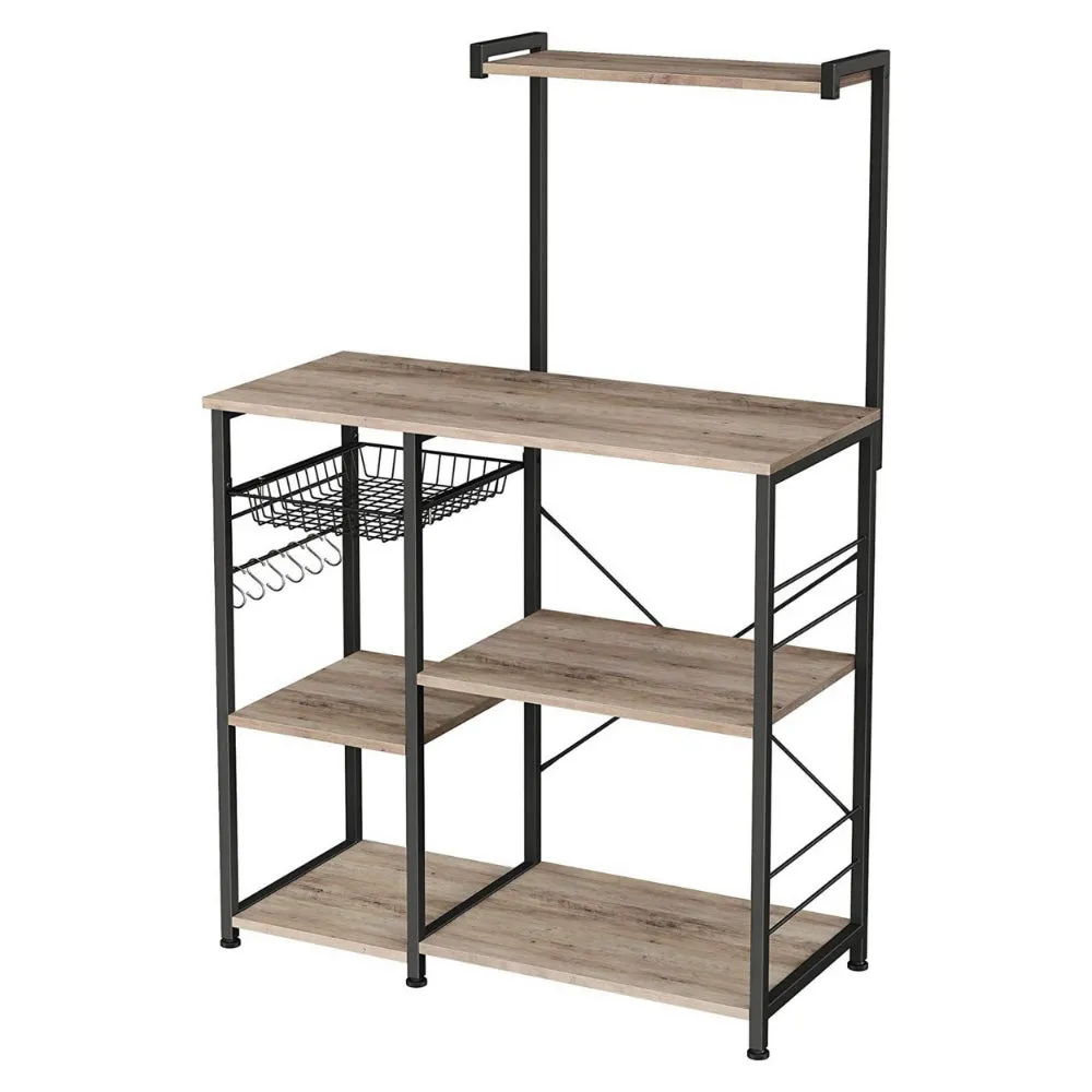 52 Inch Wood Bakers Rack, Kitchen Shelf, 6 Hooks, Workstation, Brown, Black By Casagear Home