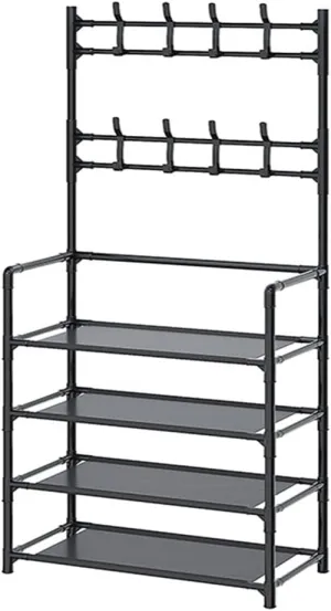 60Cm 4 Tier Shoe Rack With 8 Utilities Hooks For Hallway Handbag Yj-1