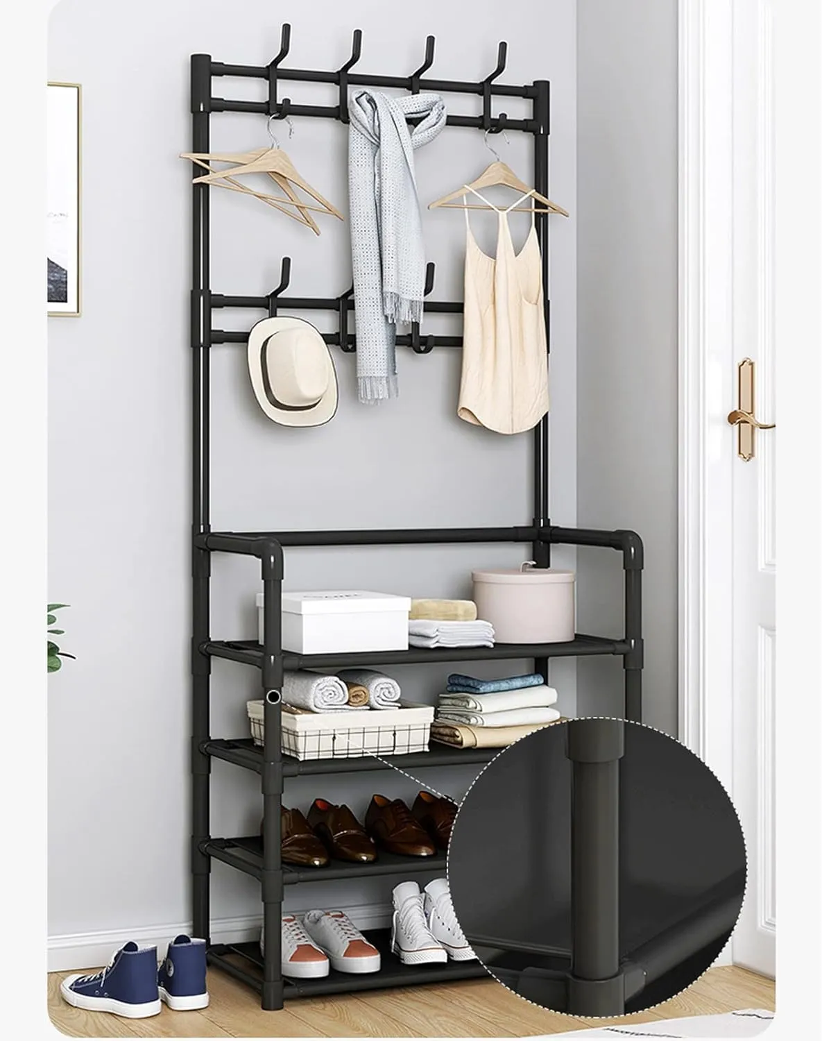 60Cm 5 Tier Shoe Rack With 8 Utilities Hooks For Hallway Handbag Yj-2