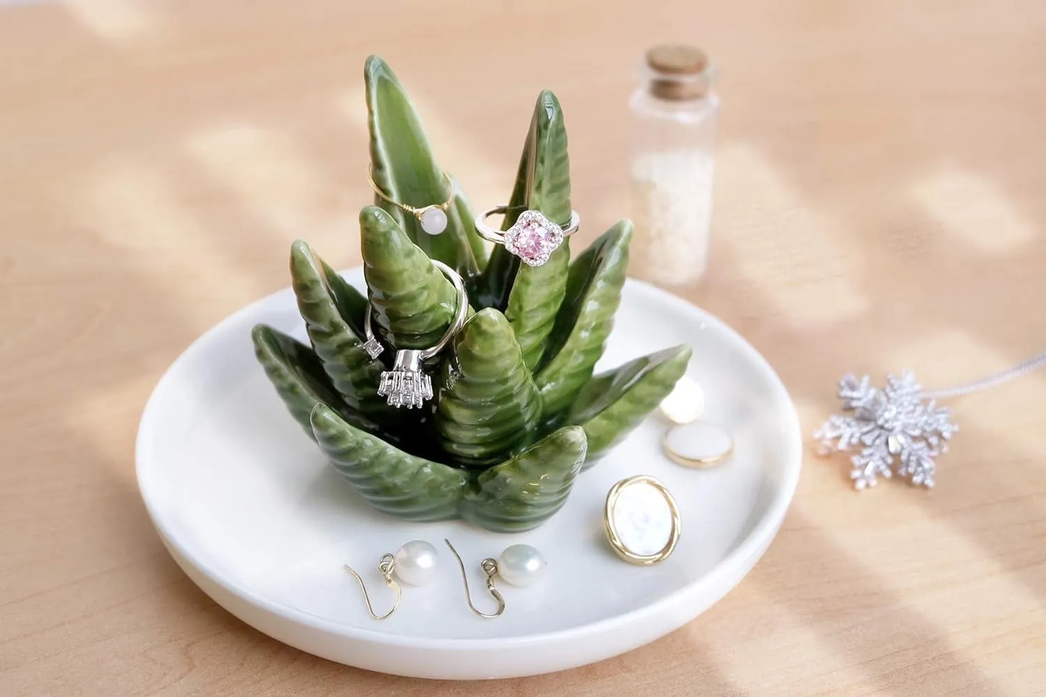 Aloe Ring Holder,Cactus Ring Dish,Jewelry Holder Trinket Tray for Rings Earrings Necklace Organizer,Bridesmaid Christmas Birthday Gift for Women Girls