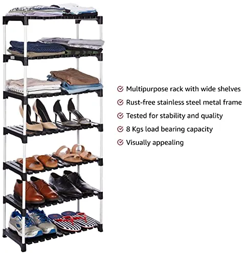 Amazon Brand - Solimo - Multipurpose Rack for Shoes and Clothes, 7 Racks, Black (Stainless Steel & Linen)