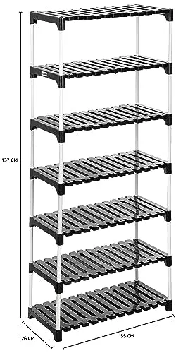 Amazon Brand - Solimo - Multipurpose Rack for Shoes and Clothes, 7 Racks, Black (Stainless Steel & Linen)