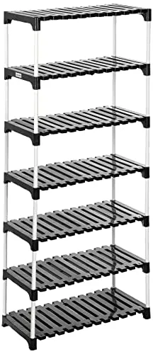 Amazon Brand - Solimo - Multipurpose Rack for Shoes and Clothes, 7 Racks, Black (Stainless Steel & Linen)