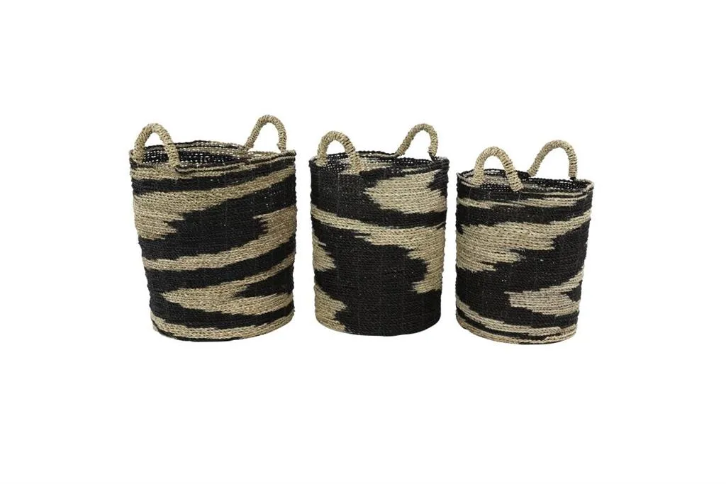 BLACK SEAGRASS HANDMADE TWO TONED STORAGE BASKET WITH HANDLES