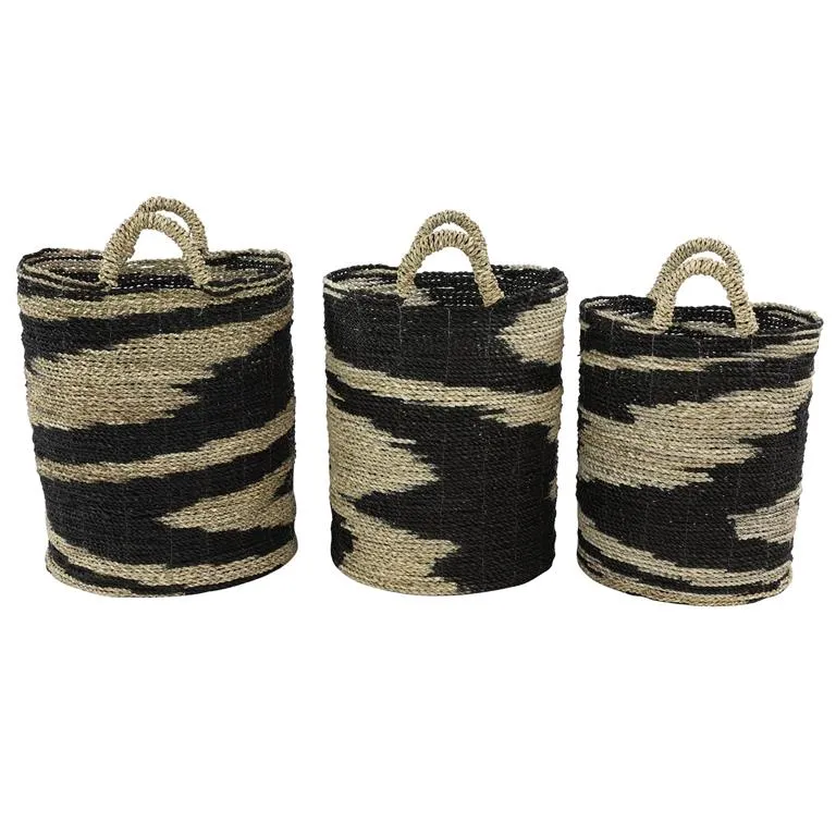 BLACK SEAGRASS HANDMADE TWO TONED STORAGE BASKET WITH HANDLES