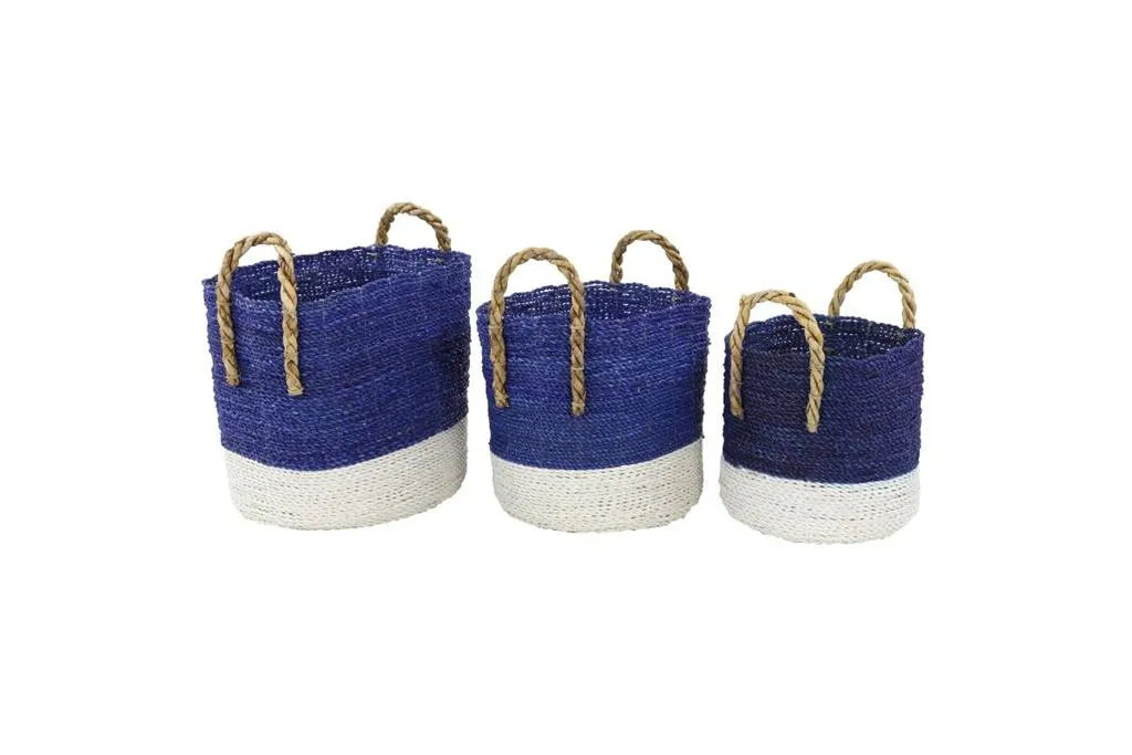 BLUE SEAGRASS HANDMADE TWO TONED STORAGE BASKET WITH HANDLES