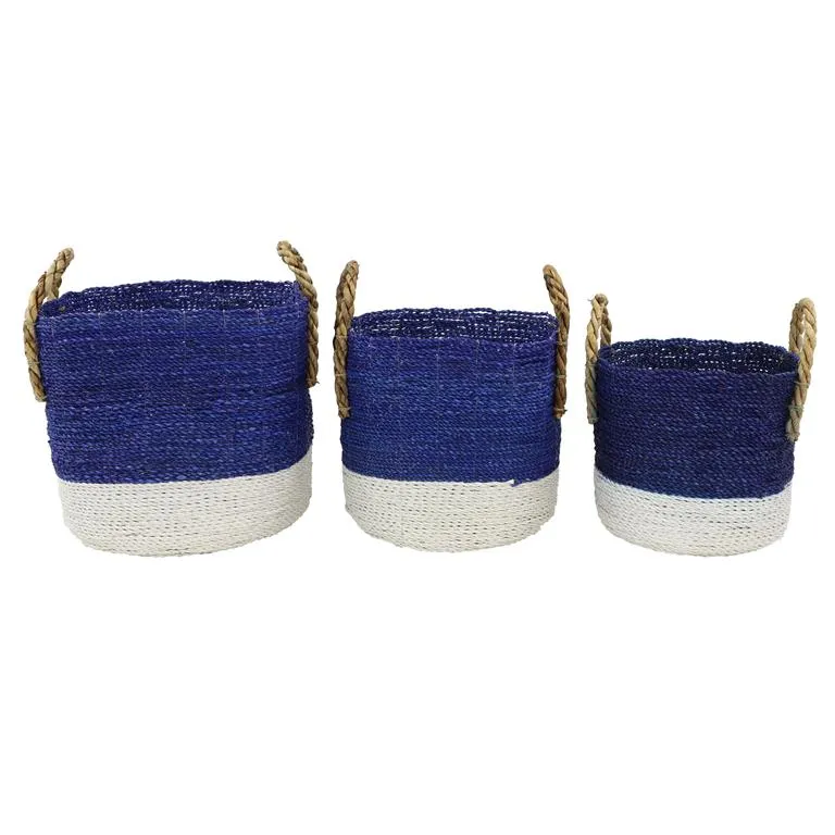 BLUE SEAGRASS HANDMADE TWO TONED STORAGE BASKET WITH HANDLES