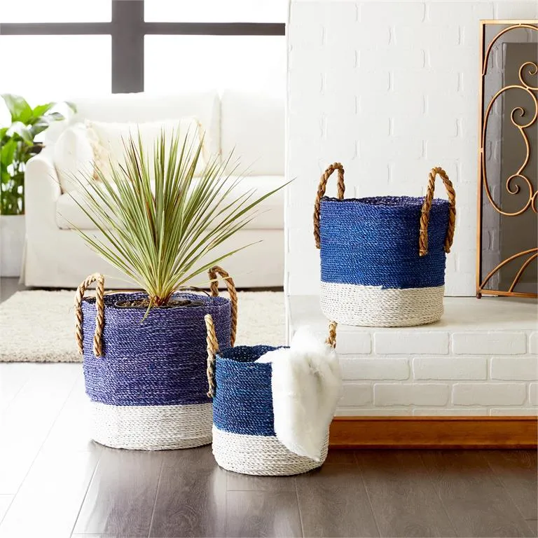 BLUE SEAGRASS HANDMADE TWO TONED STORAGE BASKET WITH HANDLES