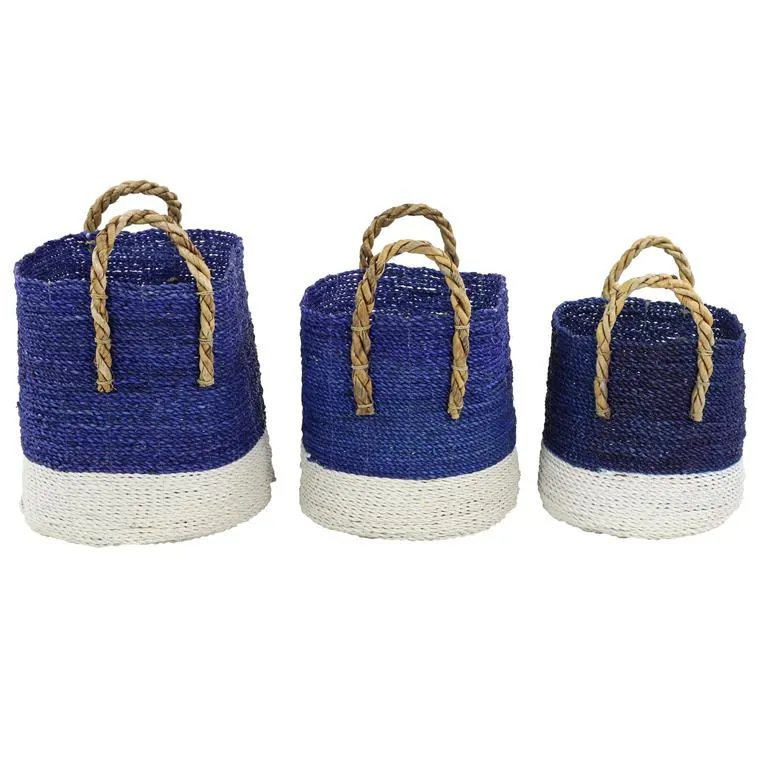 BLUE SEAGRASS HANDMADE TWO TONED STORAGE BASKET WITH HANDLES