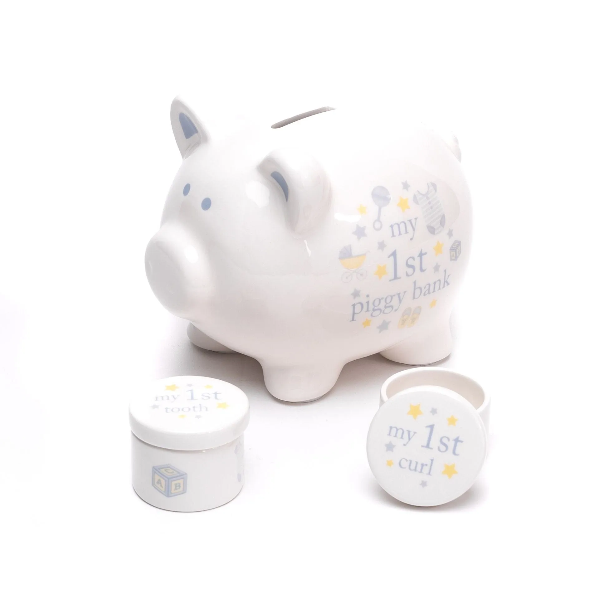 Ceramic Baby's Blue Piggy Bank, Tooth and Curl Gift Set