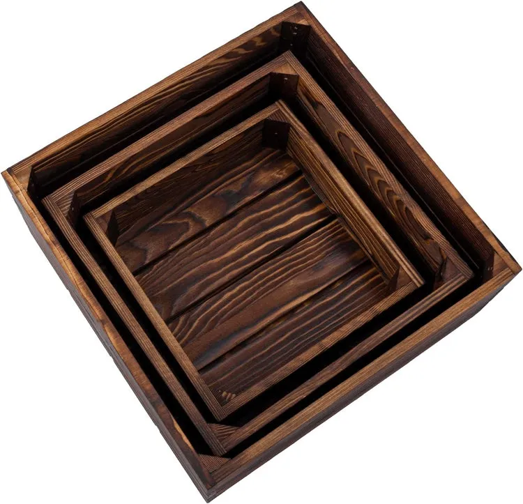 Dark Brown Wood Stackable Display Box Riser Stands, Decorative Storage Bins, 3-Piece Set