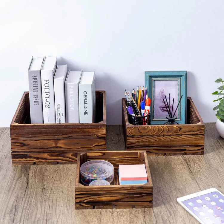 Dark Brown Wood Stackable Display Box Riser Stands, Decorative Storage Bins, 3-Piece Set