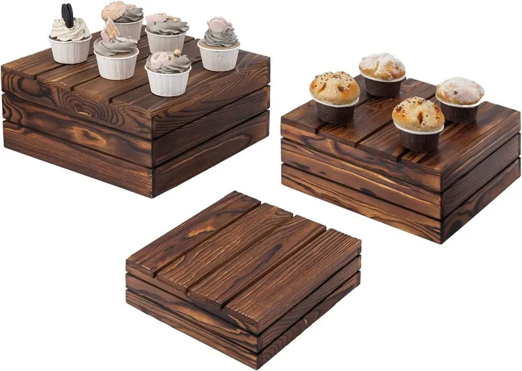 Dark Brown Wood Stackable Display Box Riser Stands, Decorative Storage Bins, 3-Piece Set