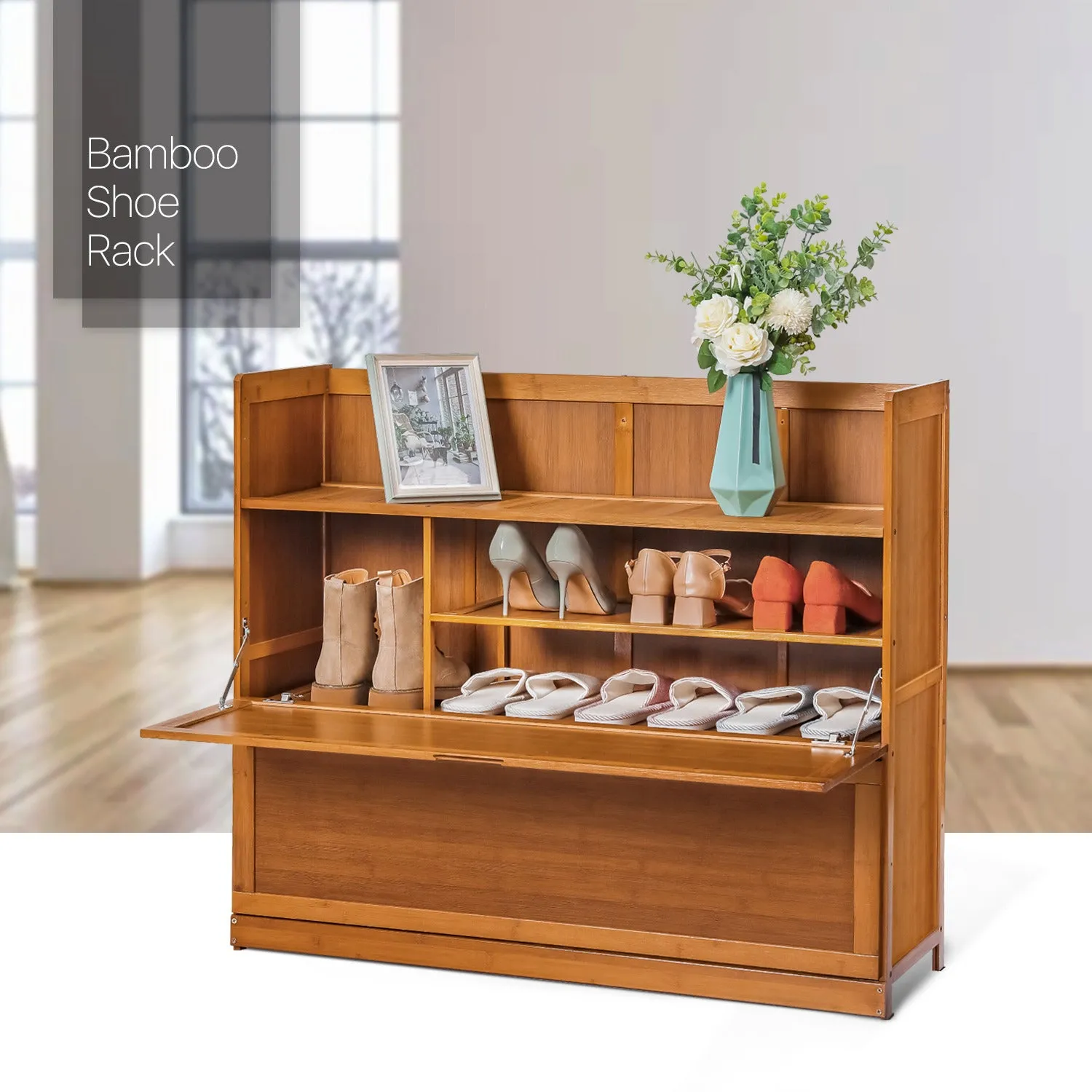 Drop Down Door Entryway Shoe Cabinet - Shelf Top with Boot Compartment  - Brown