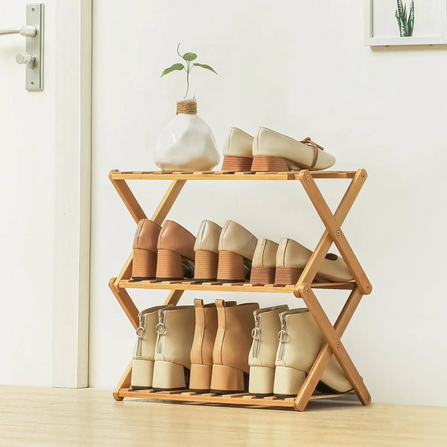 Foldable Multifunctional Shoe Rack Organizer - 3 Tier - Natural