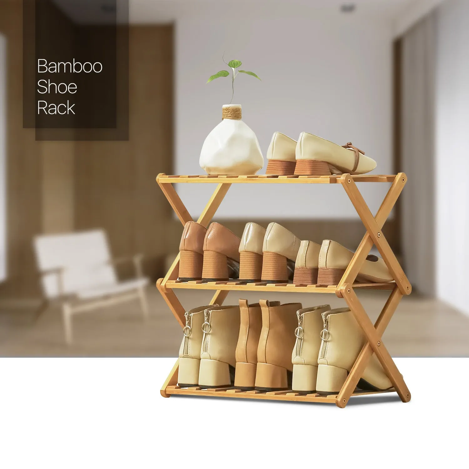 Foldable Multifunctional Shoe Rack Organizer - 3 Tier - Natural