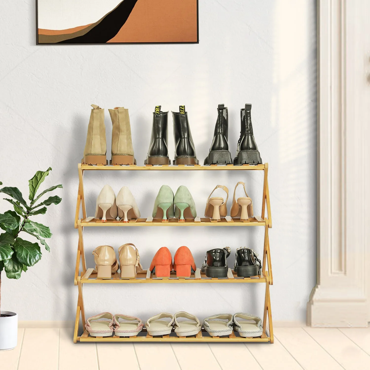 Foldable Multifunctional Shoe Rack Organizer - 4 Tier - Natural