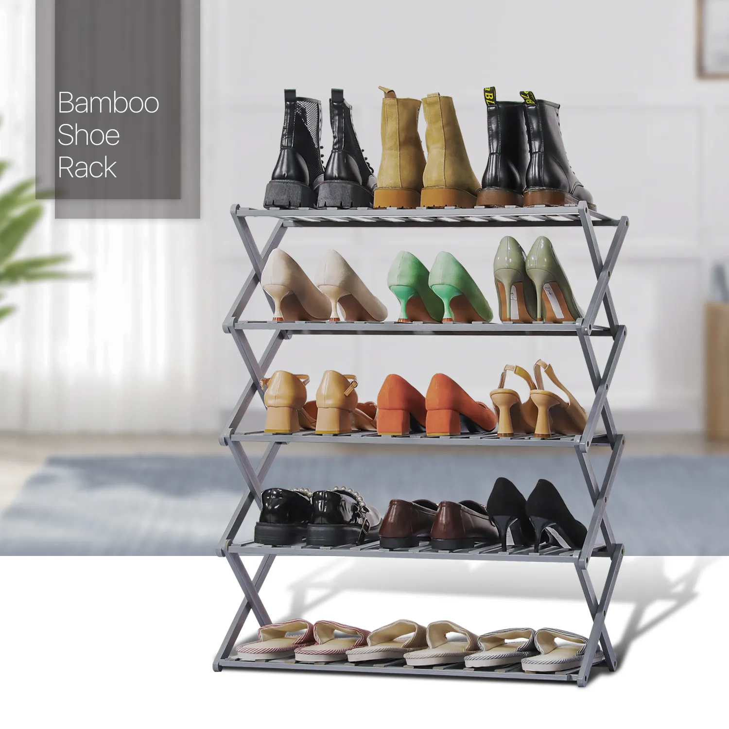 Foldable Multifunctional Shoe Rack Organizer - 5 Tier - Gray