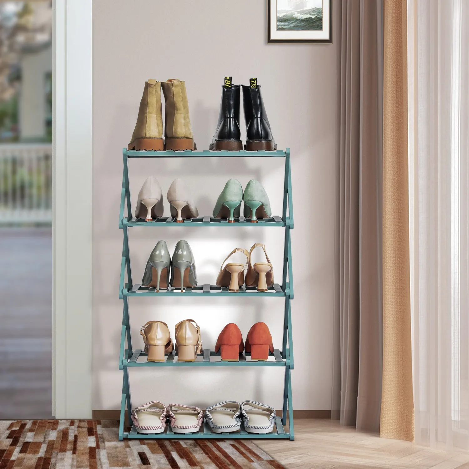 Foldable Multifunctional Shoe Rack Organizer - 5 Tier - Green