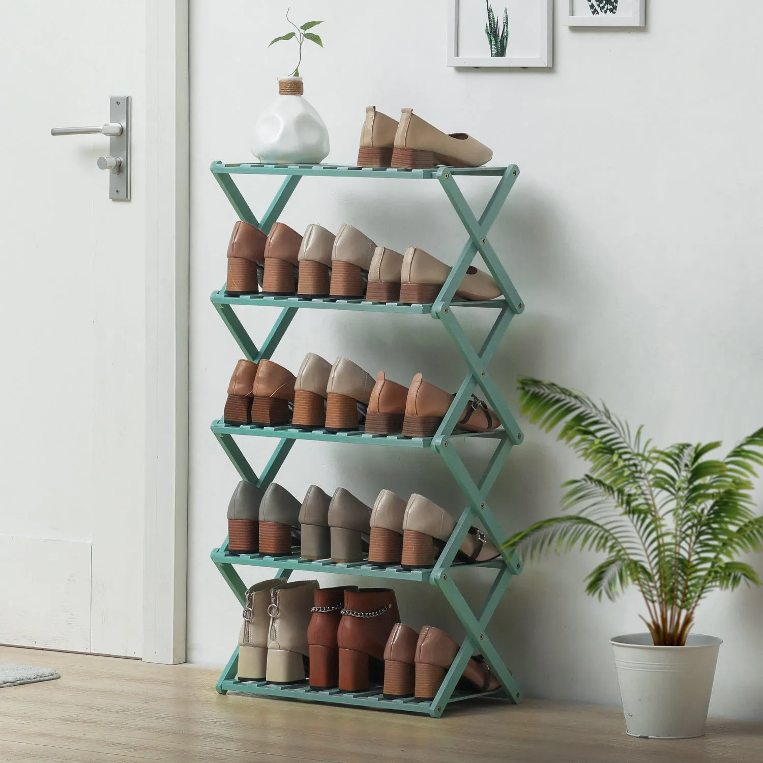 Foldable Multifunctional Shoe Rack Organizer - 5 Tier - Green