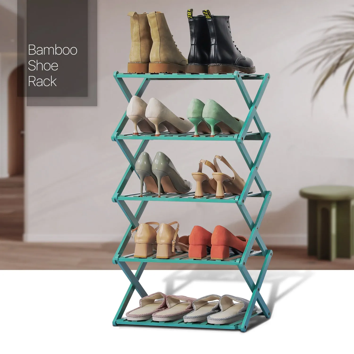 Foldable Multifunctional Shoe Rack Organizer - 5 Tier - Green