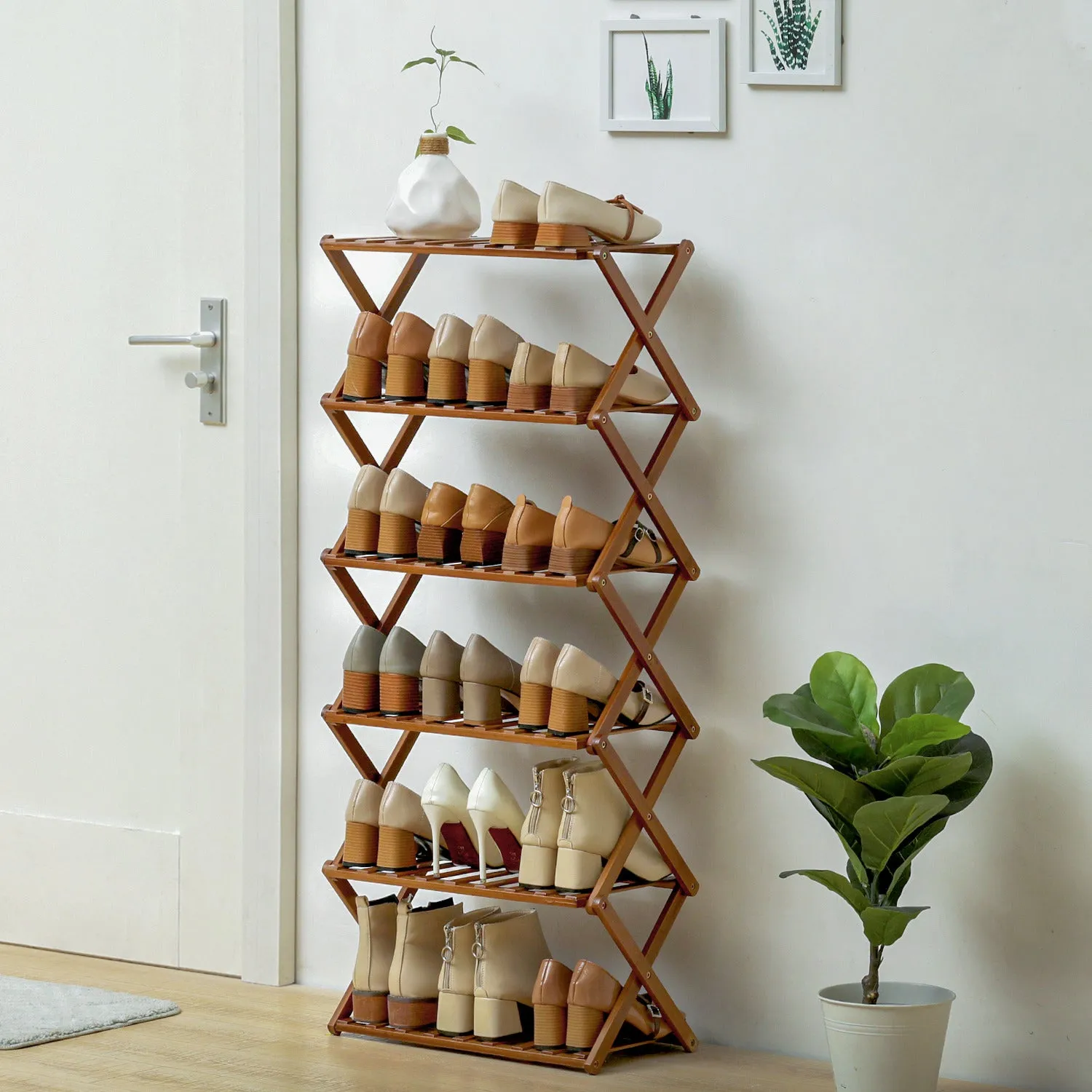 Foldable Multifunctional Shoe Rack Organizer - 6 Tier - Brown