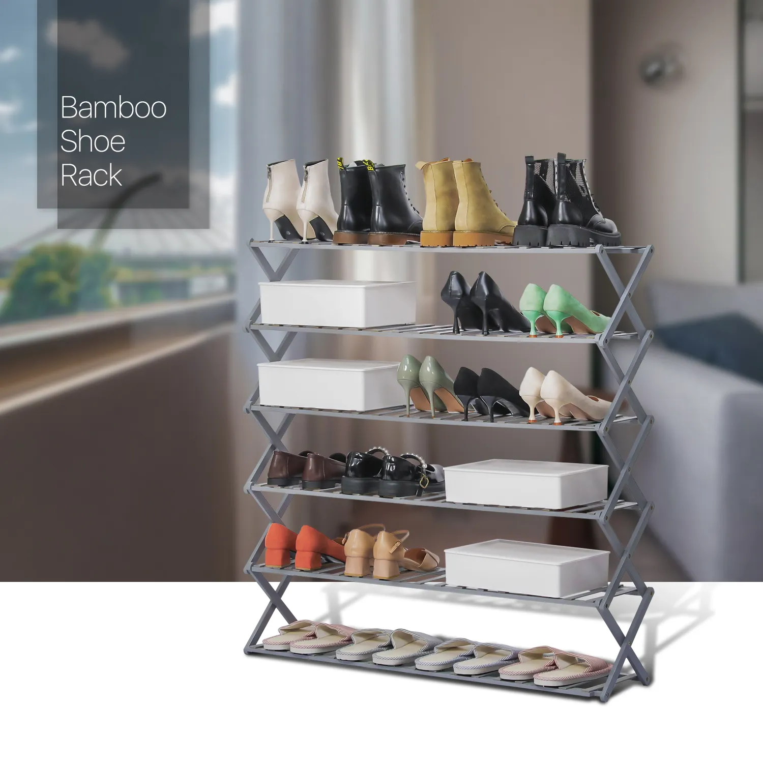 Foldable Multifunctional Shoe Rack Organizer - 6 Tier - Gray