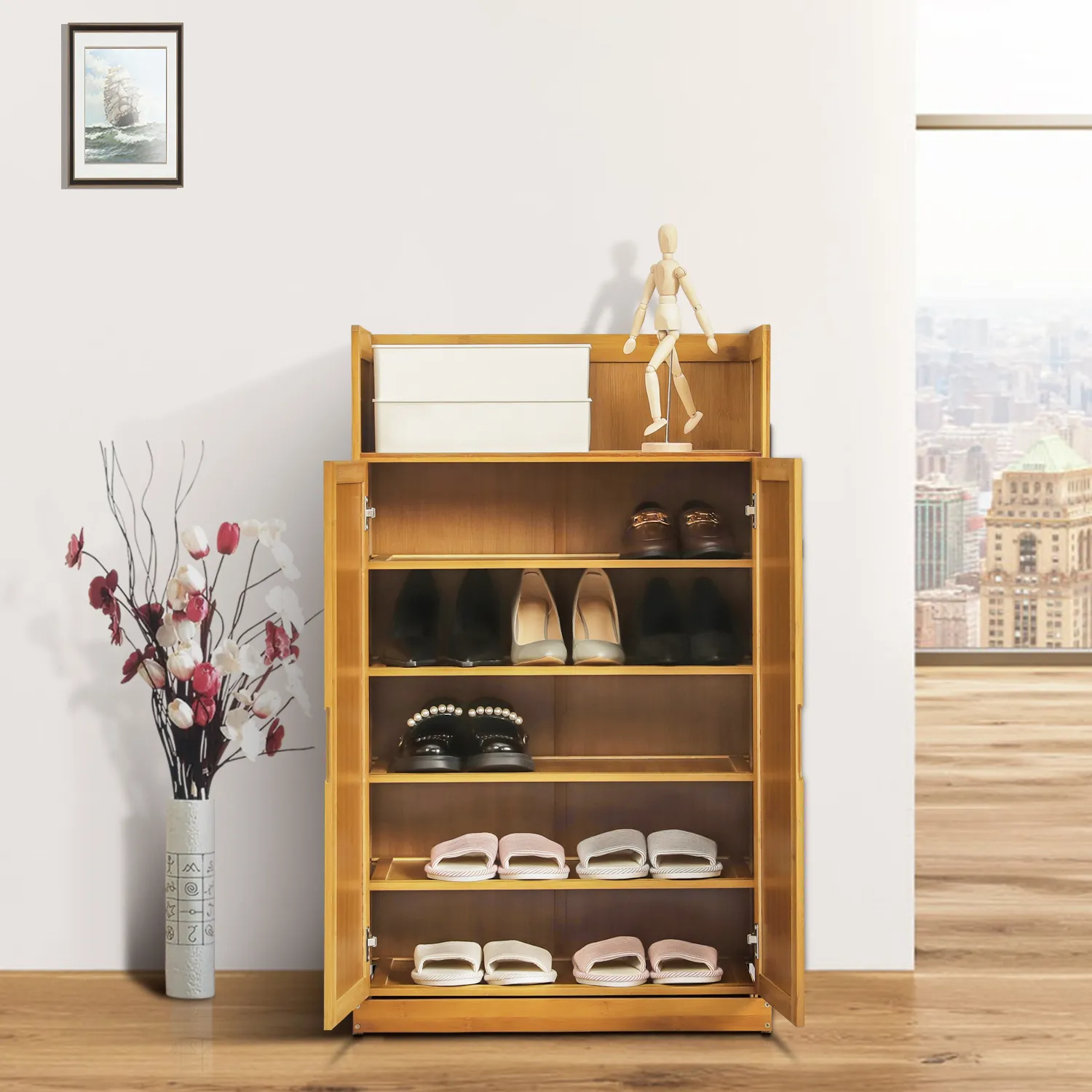 Folding Down Door Entryway Shoe Cabinet - 24" - Shelf Top - Brown