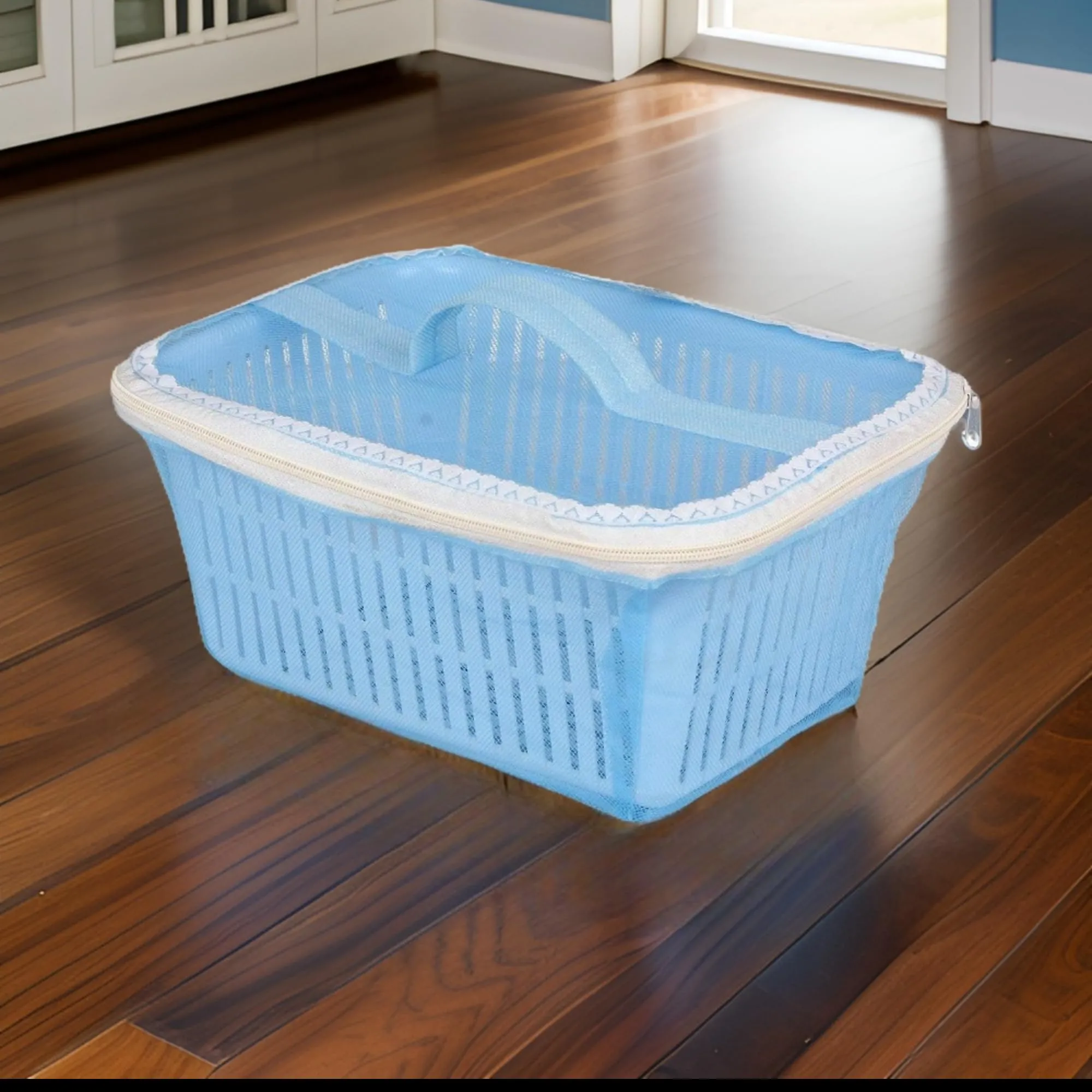 Go Hooked Multipurpose Plastic Storage/Gift Basket With Net Cover | Stylish Basket With Zip Net Cover Pack Of 1 (Blue).