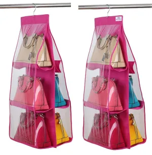 Heart Home Hanging Handbag Organizer Dust-Proof Storage Holder Bag Wardrobe Closet for Purse Clutch Handbag with 6 Large Compartments & Hanger-Pack of 2 (Pink)-HS_38_HEARTH21111