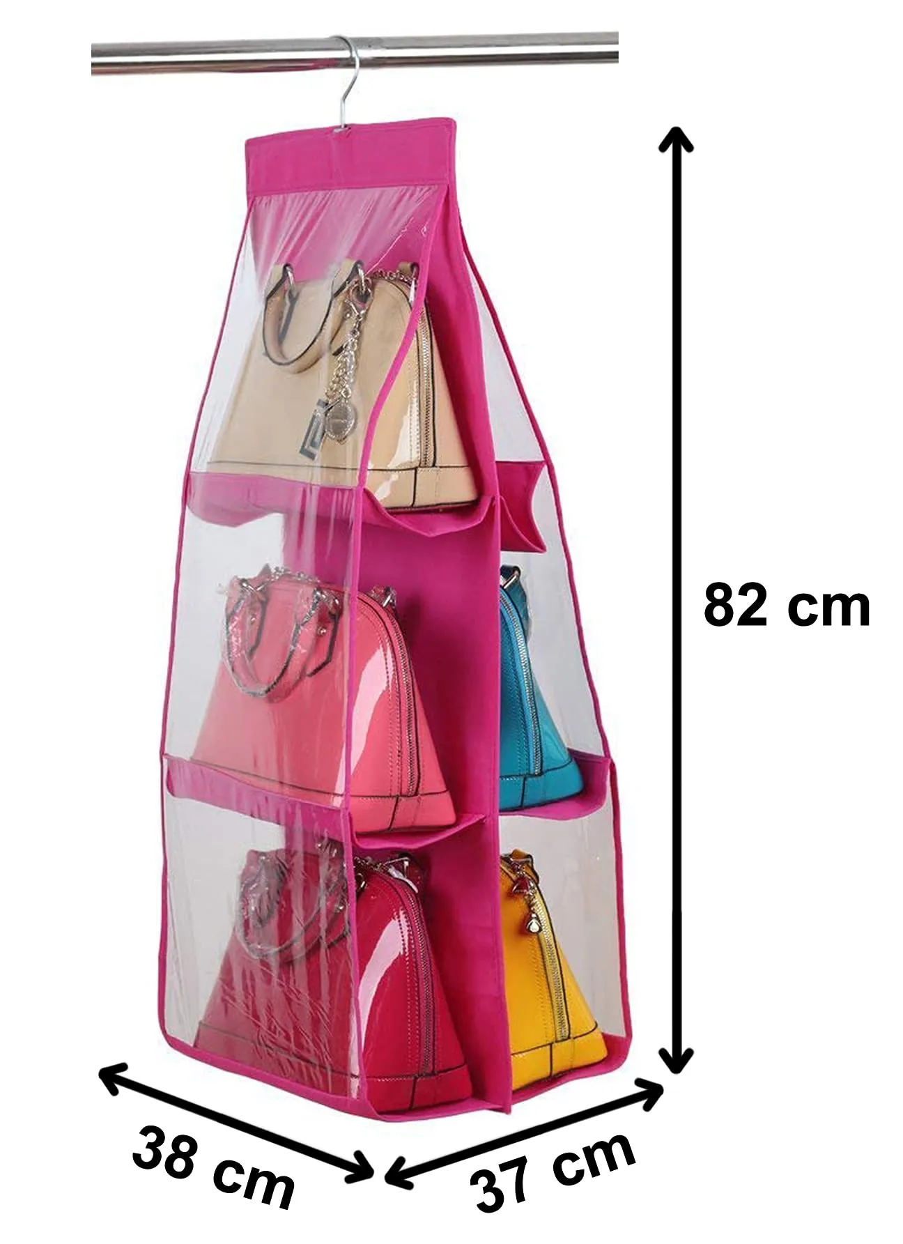 Heart Home Hanging Handbag Organizer Dust-Proof Storage Holder Bag Wardrobe Closet for Purse Clutch Handbag with 6 Large Compartments & Hanger-Pack of 2 (Pink)-HS_38_HEARTH21111