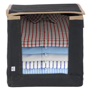 Heart Home Non-Woven Foldable Shirt Stacker/Wardrobe Organizer For Shirts, Sarees, Lehengas With Handle & Lid (Black)