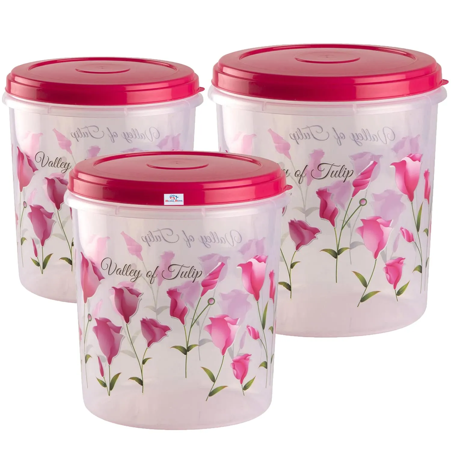 Heart Home Plastic Container|Container for Kitchen Storage Set|Air Tight Container|Tulip Printed 5 Litre,7 Litre,10 Litre Containers|Set of 3 (Pink)