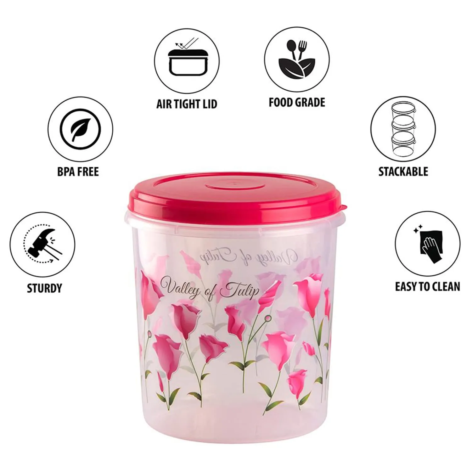 Heart Home Plastic Container|Container for Kitchen Storage Set|Air Tight Container|Tulip Printed 5 Litre,7 Litre,10 Litre Containers|Set of 3 (Pink)