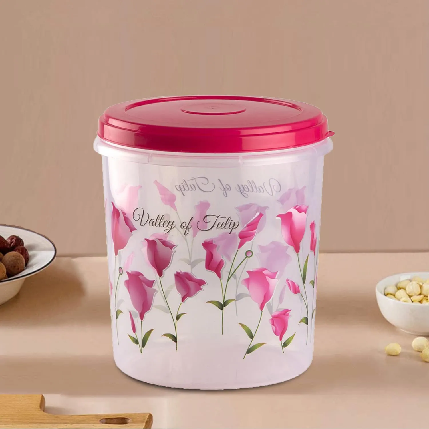 Heart Home Plastic Container|Container for Kitchen Storage Set|Air Tight Container|Tulip Printed 5 Litre,7 Litre,10 Litre Containers|Set of 3 (Pink)