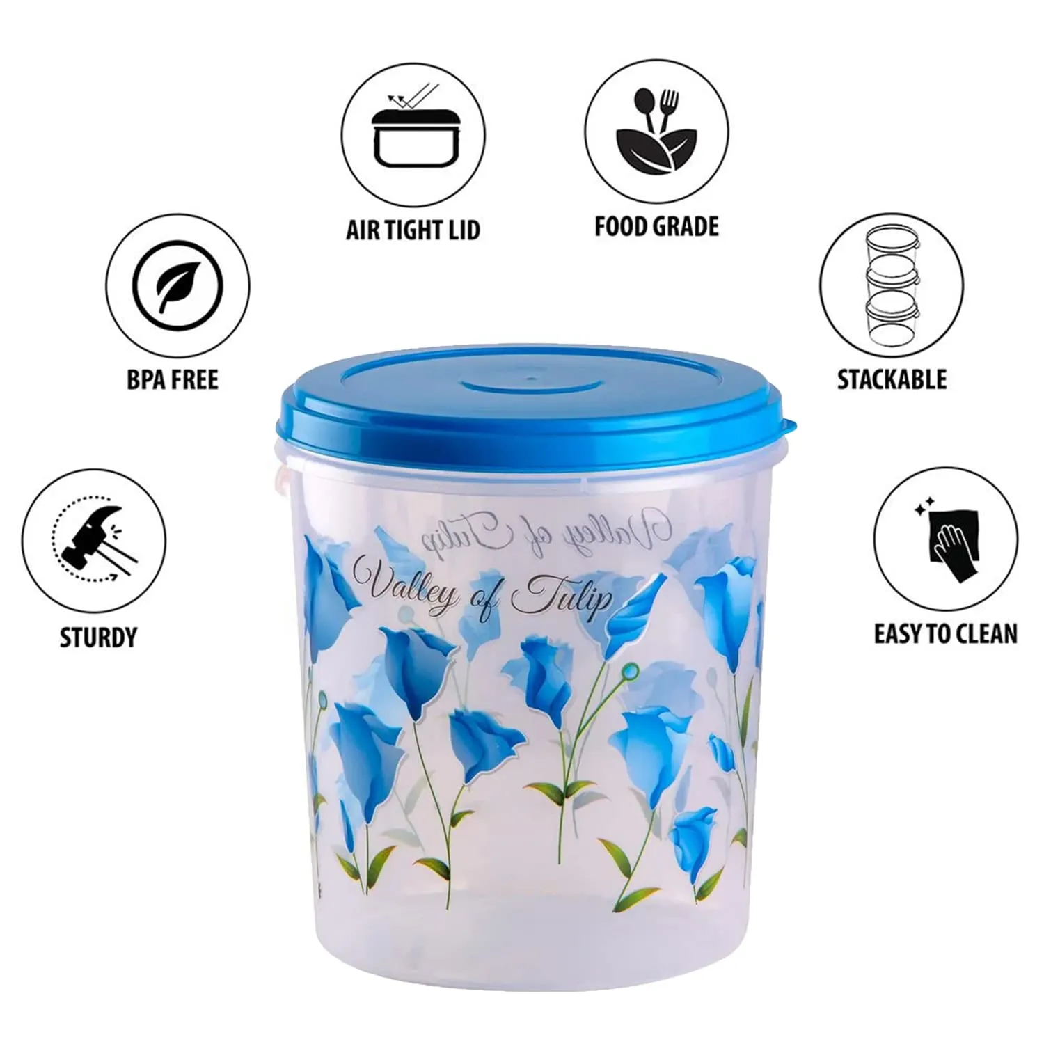 Heart Home Plastic Container|Container for Kitchen Storage Set|Air Tight Container|Tulip Printed 5 Litre,7 Litre,10 Litre Containers|Set of 3 (Sky Blue)