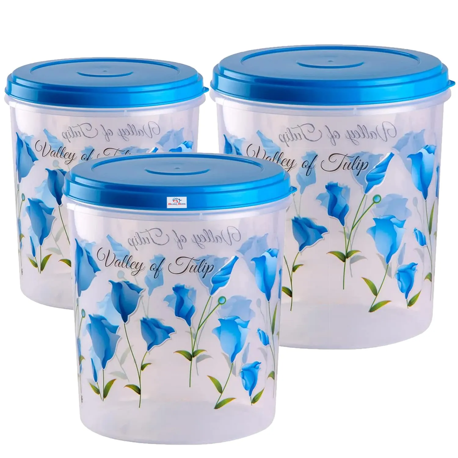 Heart Home Plastic Container|Container for Kitchen Storage Set|Air Tight Container|Tulip Printed 5 Litre,7 Litre,10 Litre Containers|Set of 3 (Sky Blue)