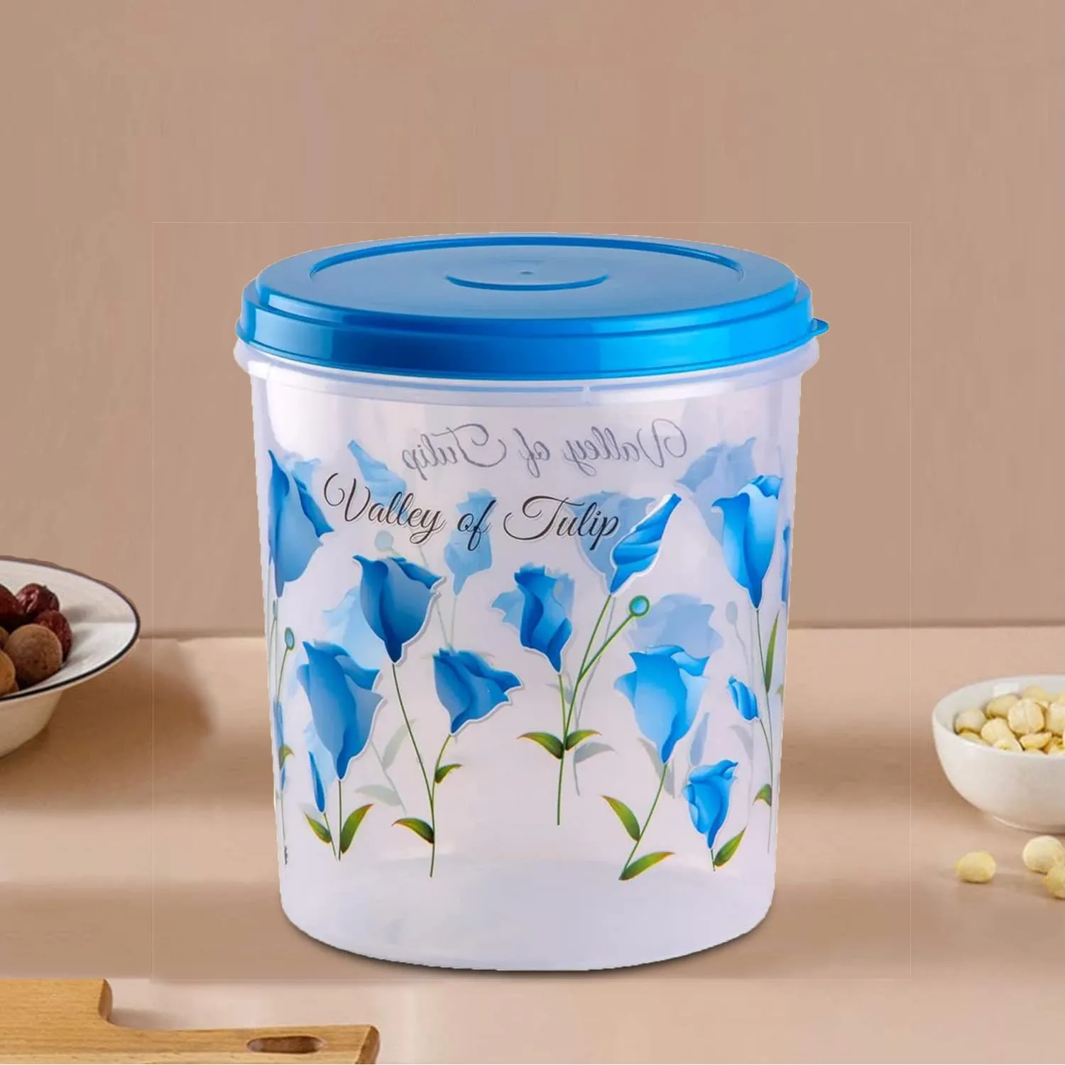 Heart Home Plastic Container|Container for Kitchen Storage Set|Air Tight Container|Tulip Printed 5 Litre,7 Litre,10 Litre Containers|Set of 3 (Sky Blue)