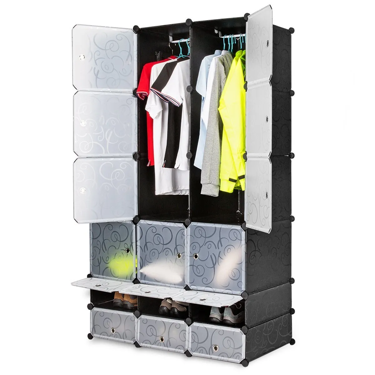 Honey Home DIY Modular Shelving Storage Organizer 18-Cube, Extra Large Portable Wardrobe with Clothes Rod, 12 CUbes Organizing Cabinet   6 Cubes Shoe Rack