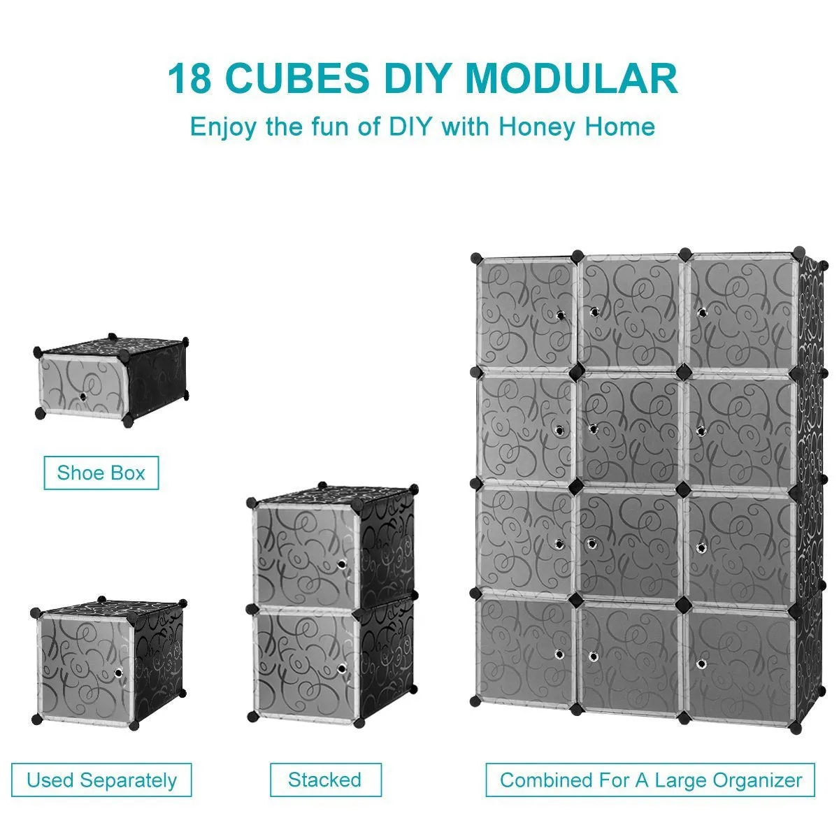 Honey Home DIY Modular Shelving Storage Organizer 18-Cube, Extra Large Portable Wardrobe with Clothes Rod, 12 CUbes Organizing Cabinet   6 Cubes Shoe Rack