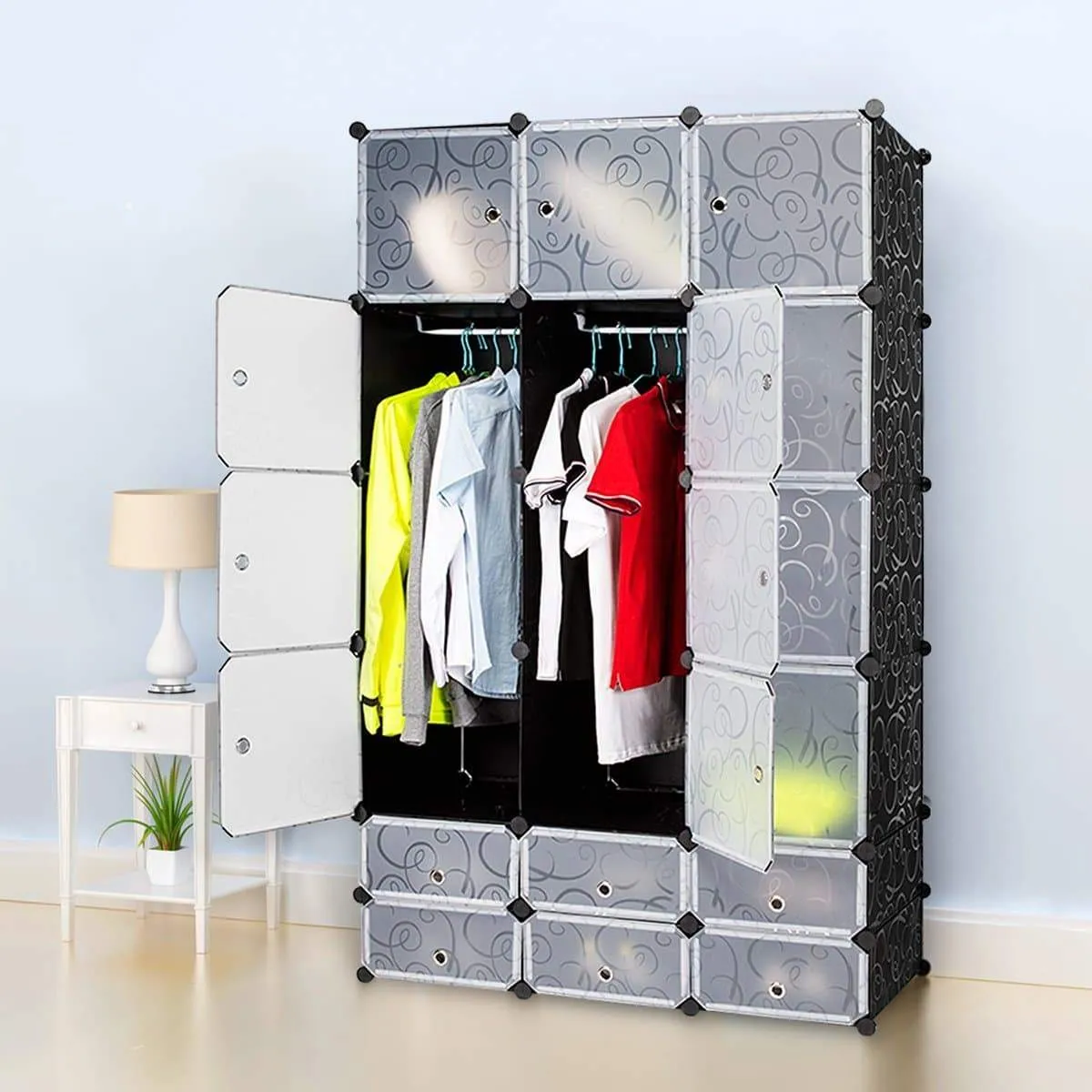 Honey Home DIY Modular Shelving Storage Organizer 18-Cube, Extra Large Portable Wardrobe with Clothes Rod, 12 CUbes Organizing Cabinet   6 Cubes Shoe Rack